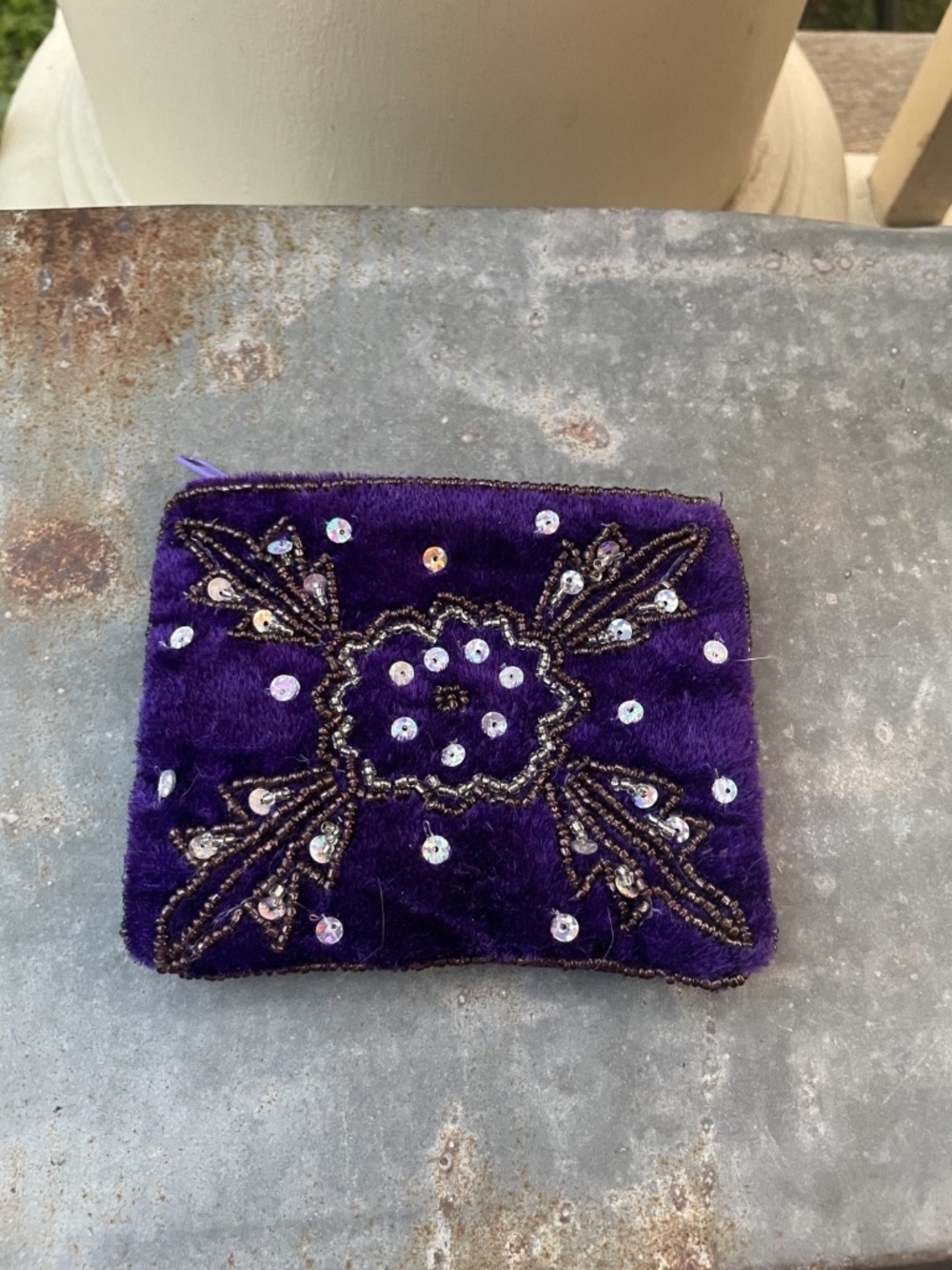 Purple crushed velvet zip Coin Purse with beads and sequins